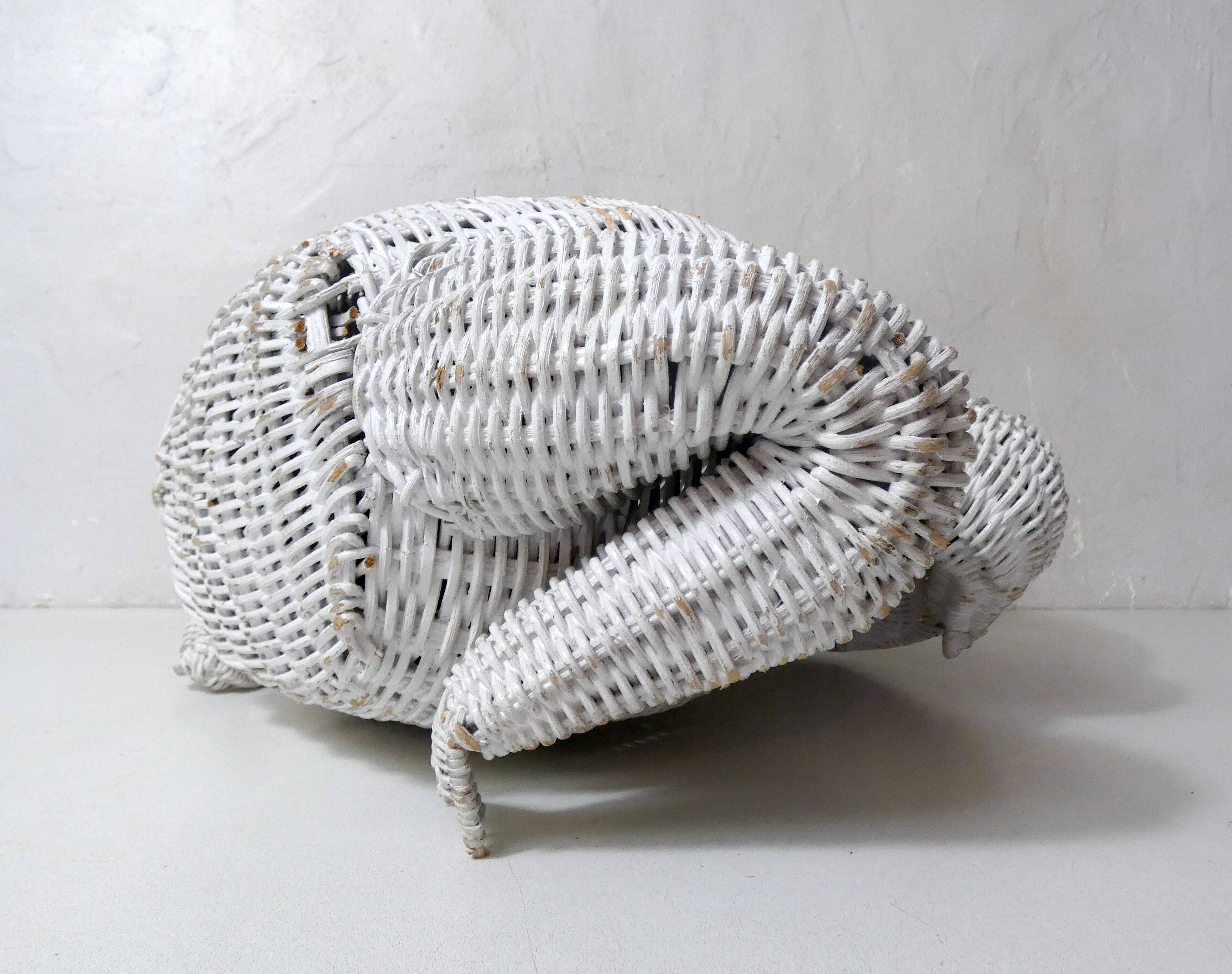 Corbeille à papier grenouille vintage en rotin blanc