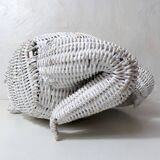 Corbeille à papier grenouille vintage en rotin blanc