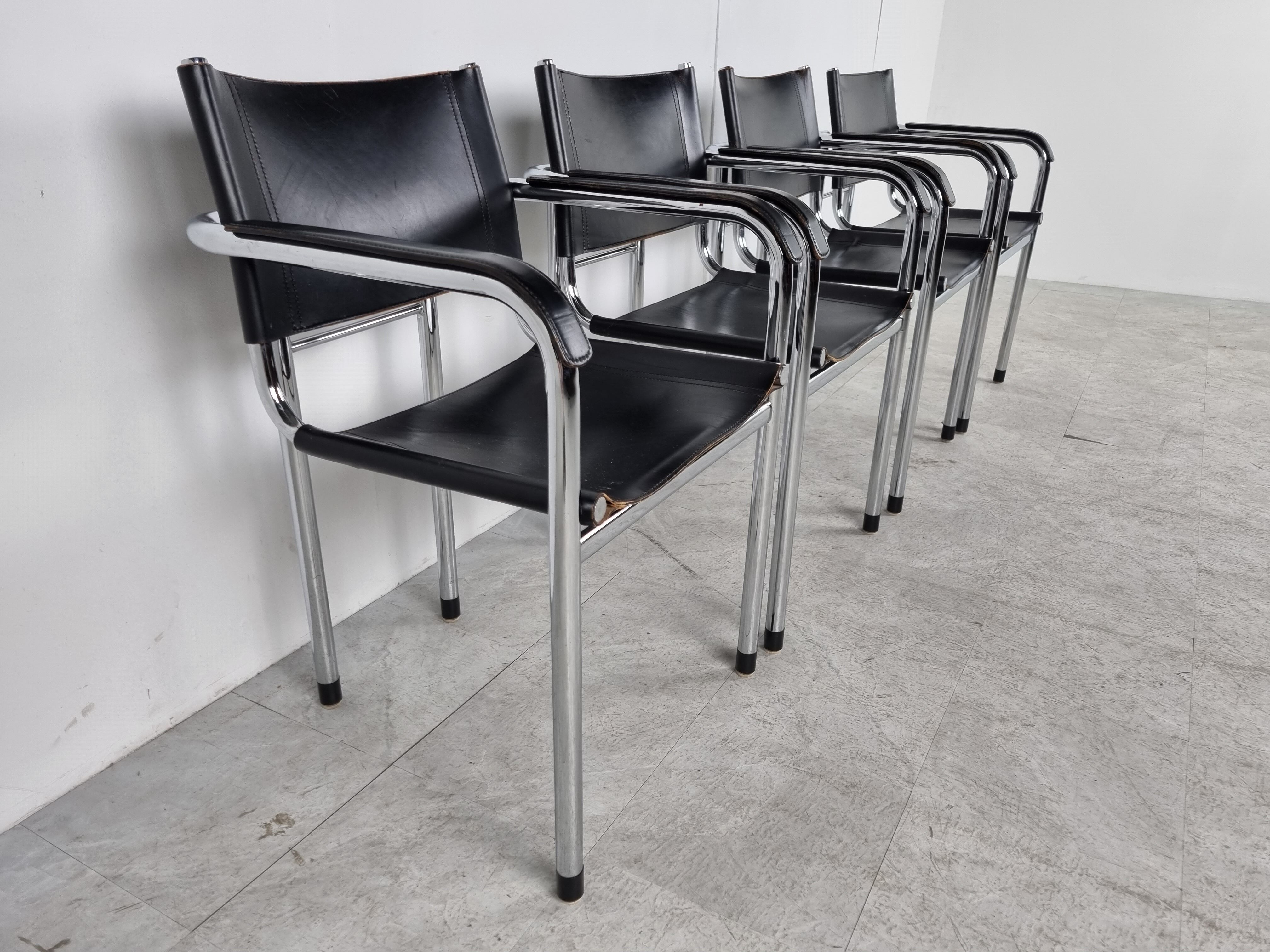 Vintage chrome and leather dining chairs set of 4 - 1980s