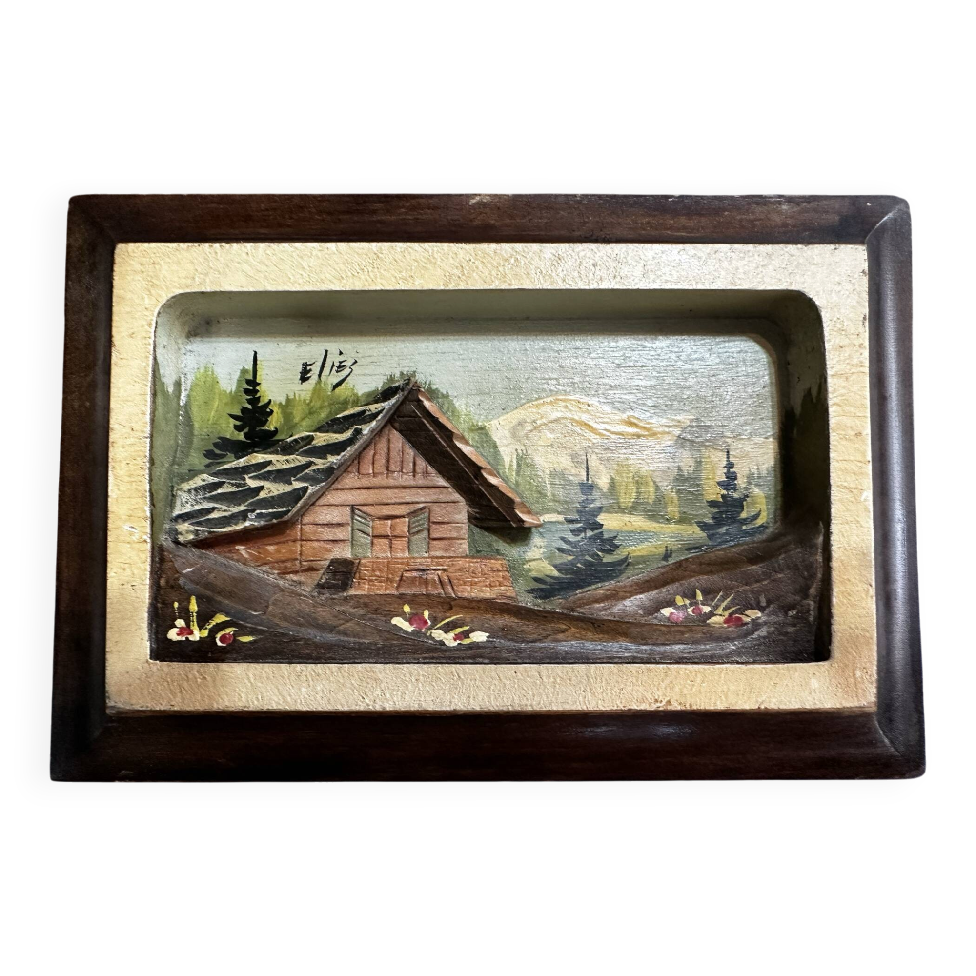 Tableau alpin vintage en bois sculpté et peint