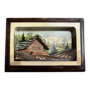 Tableau alpin vintage en bois sculpté et peint