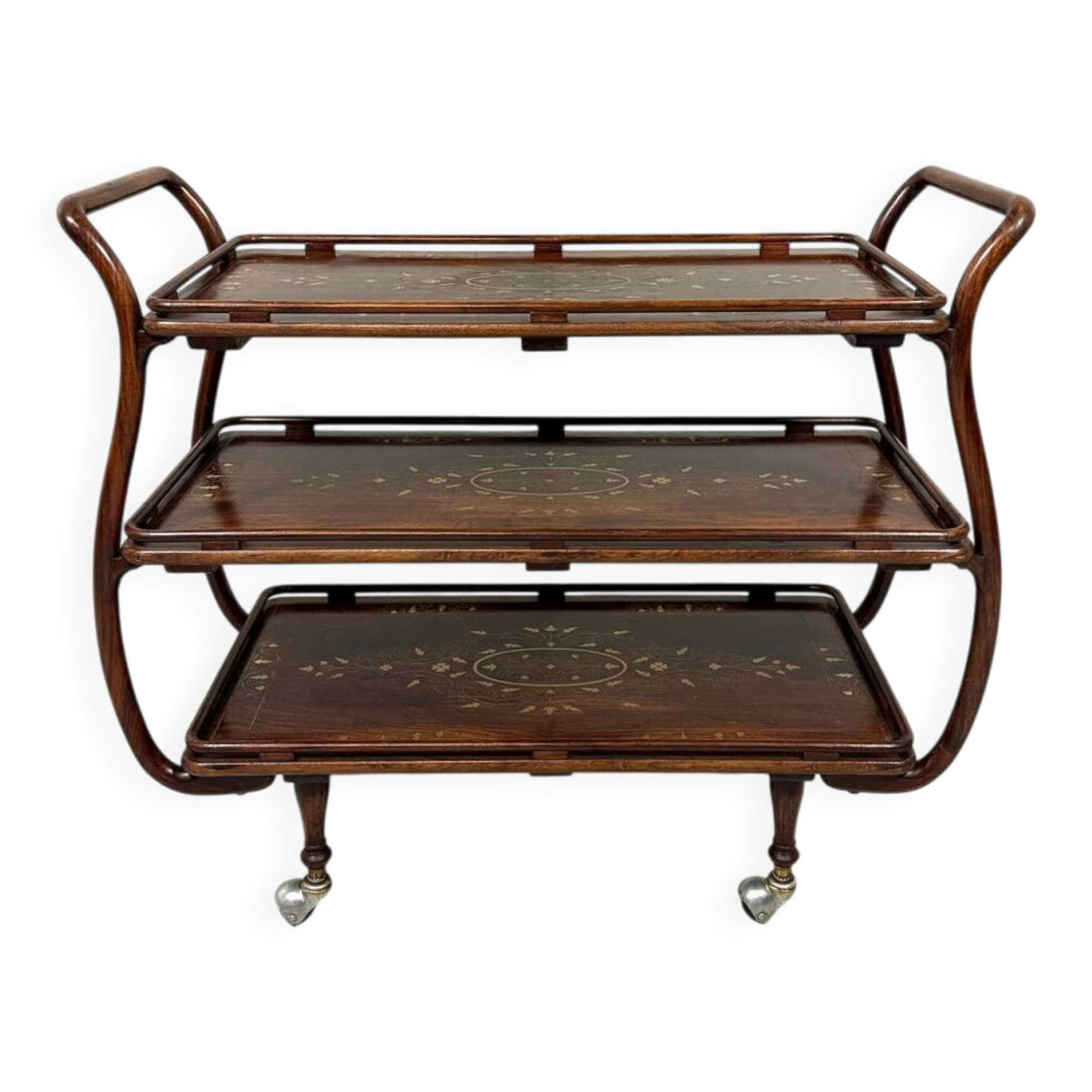 Anglo-Indian teak serving trolley with brass inlays from the 1930s-1940s.