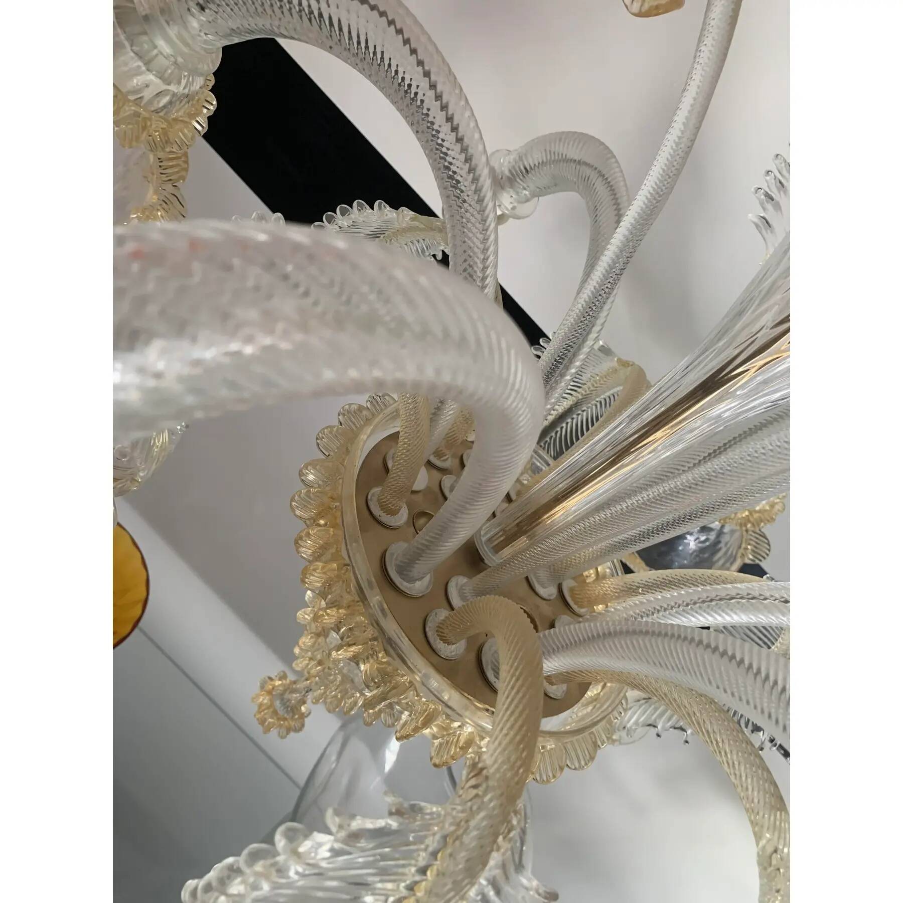 Venetian Murano-Style Glass Chandelier in Transparent and Gold with Flowers