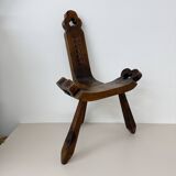 Brutalist hand carved oak Spanish tripod chair , 1970s