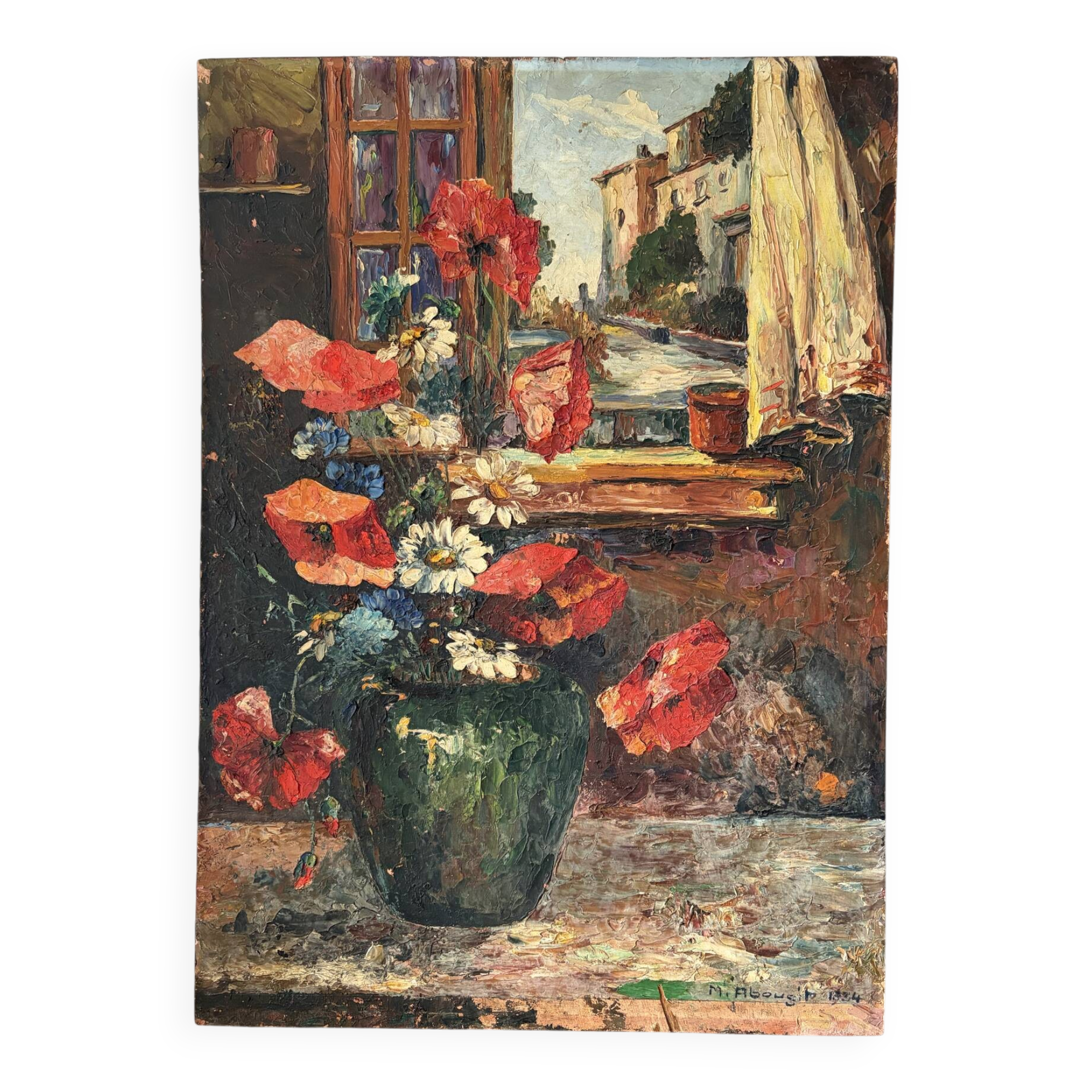 Wildflower bouquet, window with a view, oil on panel 1934