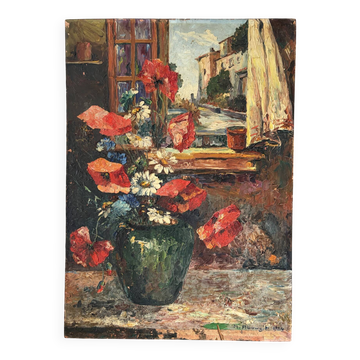 Bouquet champêtre, fenêtre avec vue, huile sur panneau 1934