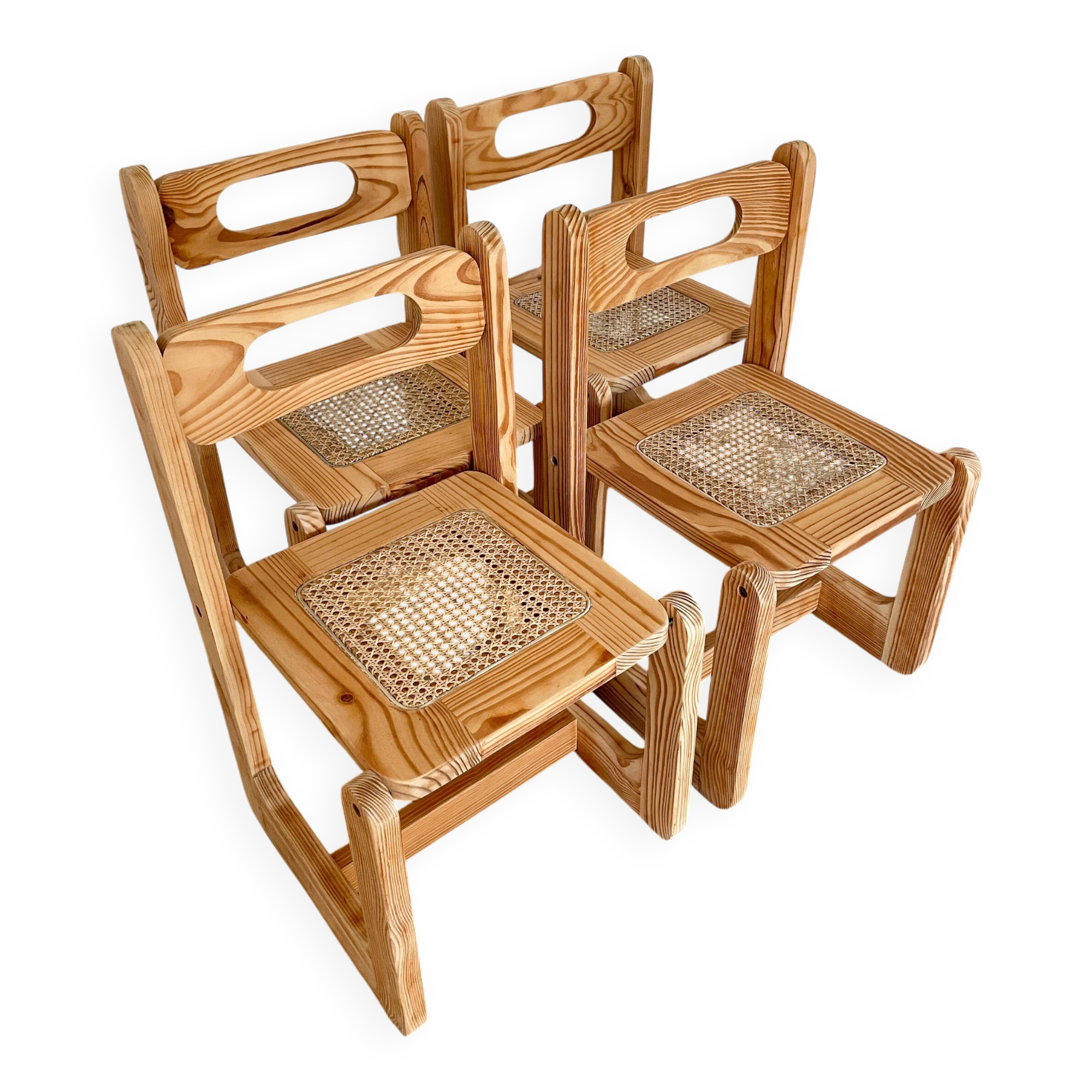 Ensemble de 4 chaises en bois et cannage - années 1960-70