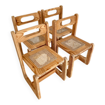 Set of 4 wooden and cane chairs - 1960s-70s