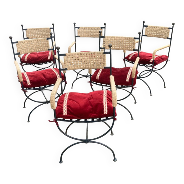Six. Fauteuils en fer forgé, tressage cordes