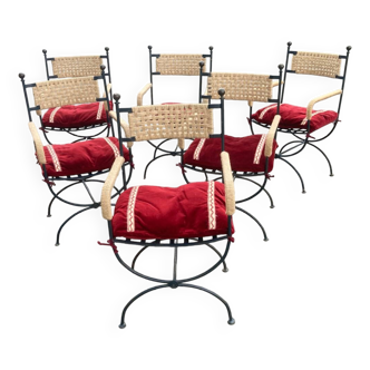 Six. Fauteuils en fer forgé, tressage  cordes