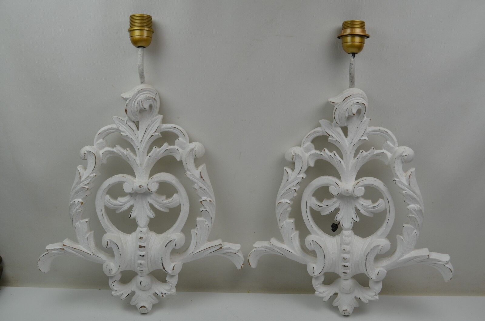 Pair of white patinated wood wall lamps
