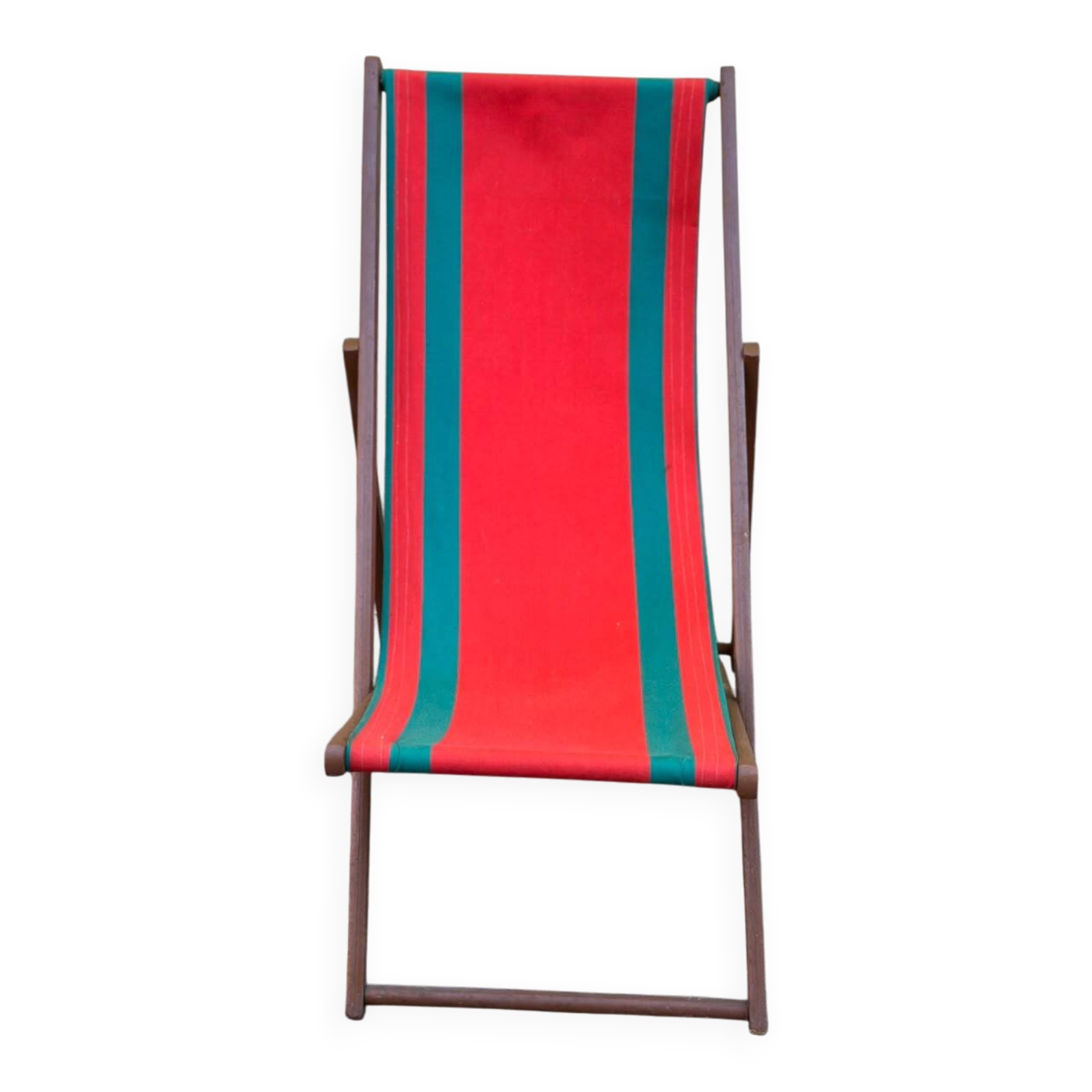 Vintage folding wooden deck chair with red and green striped canvas from the 1970s.