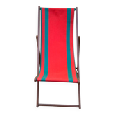 Vintage folding wooden deck chair with red and green striped canvas from the 1970s.
