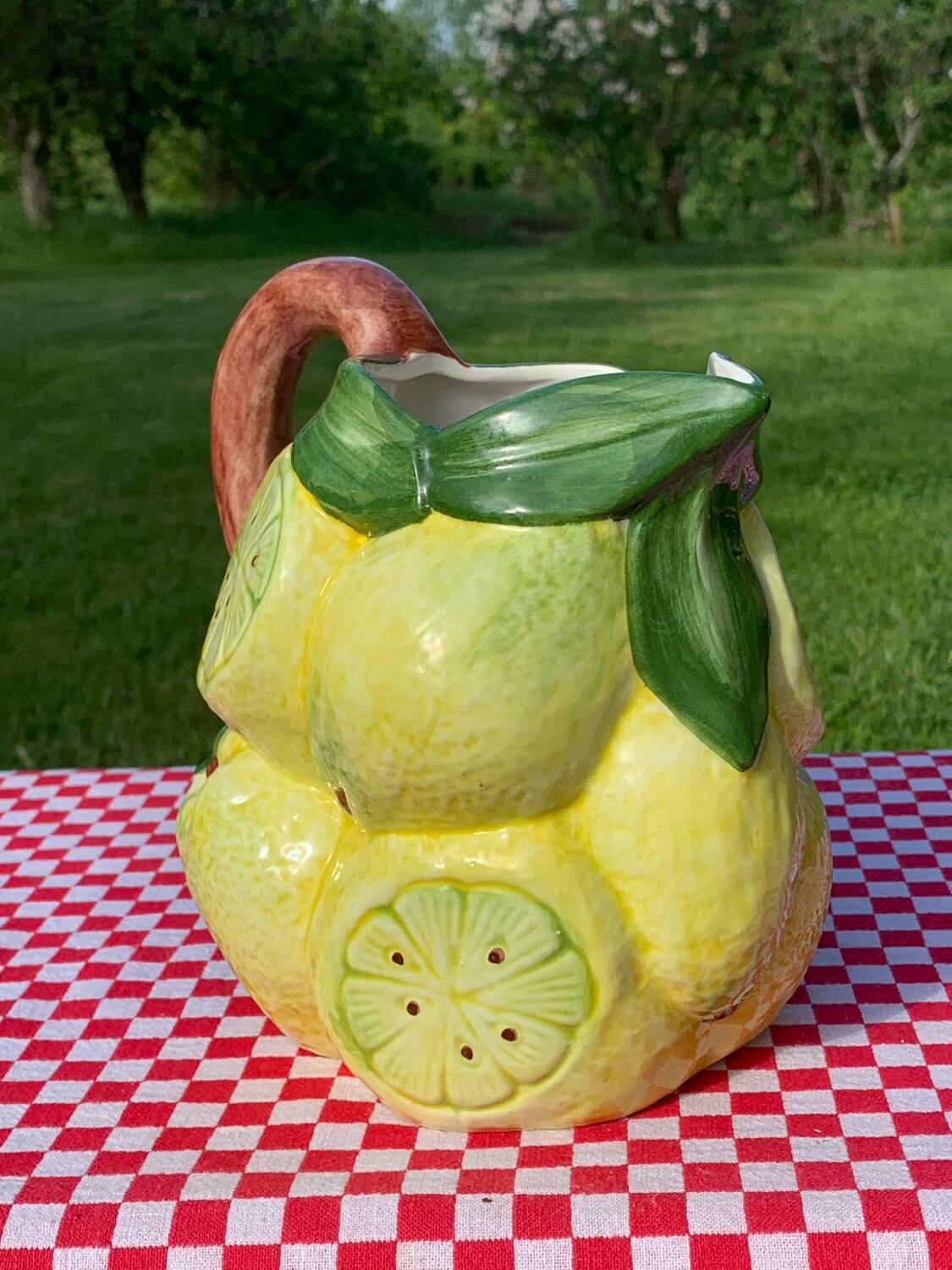 Hand-painted lemon barbotine pitcher vintage Italy