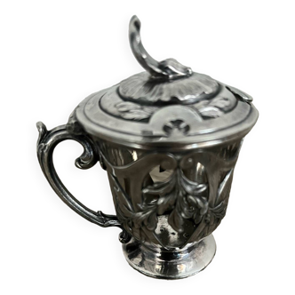 Mustard/jam pot in ornate silver metal with Gallia rooster hallmarks