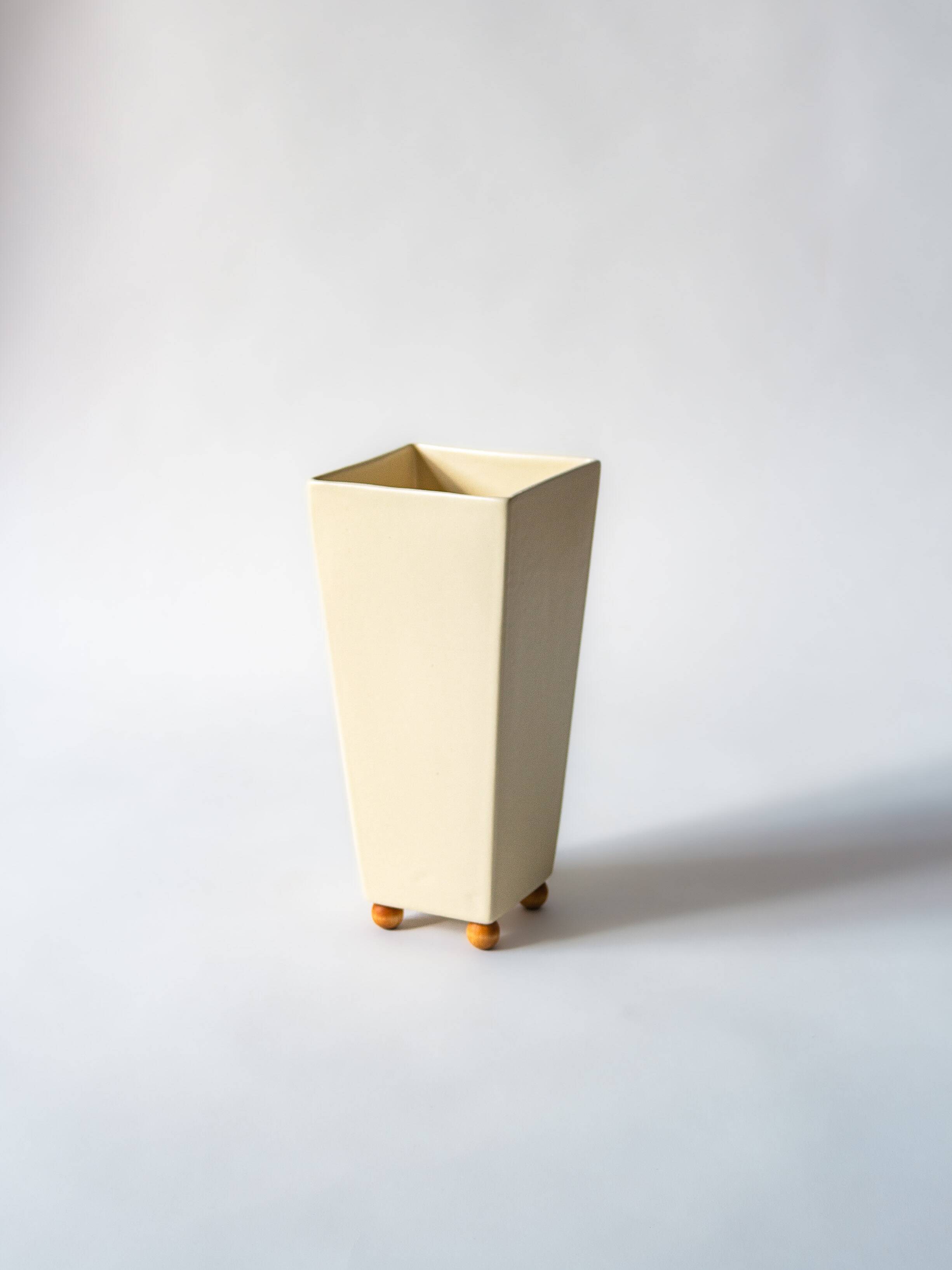 Ceramic cubic vase on wooden ball feet, Netherlands, 1990s