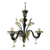 Lustre en verre vénitien noir et or avec fleurs et feuilles