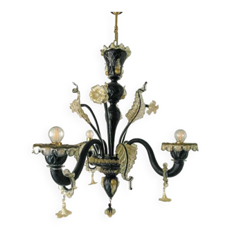 Venetian black and gold murano style glass chandelier with flowers and leaves