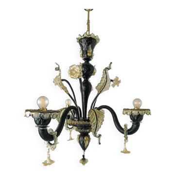 Venetian black and gold murano style glass chandelier with flowers and leaves