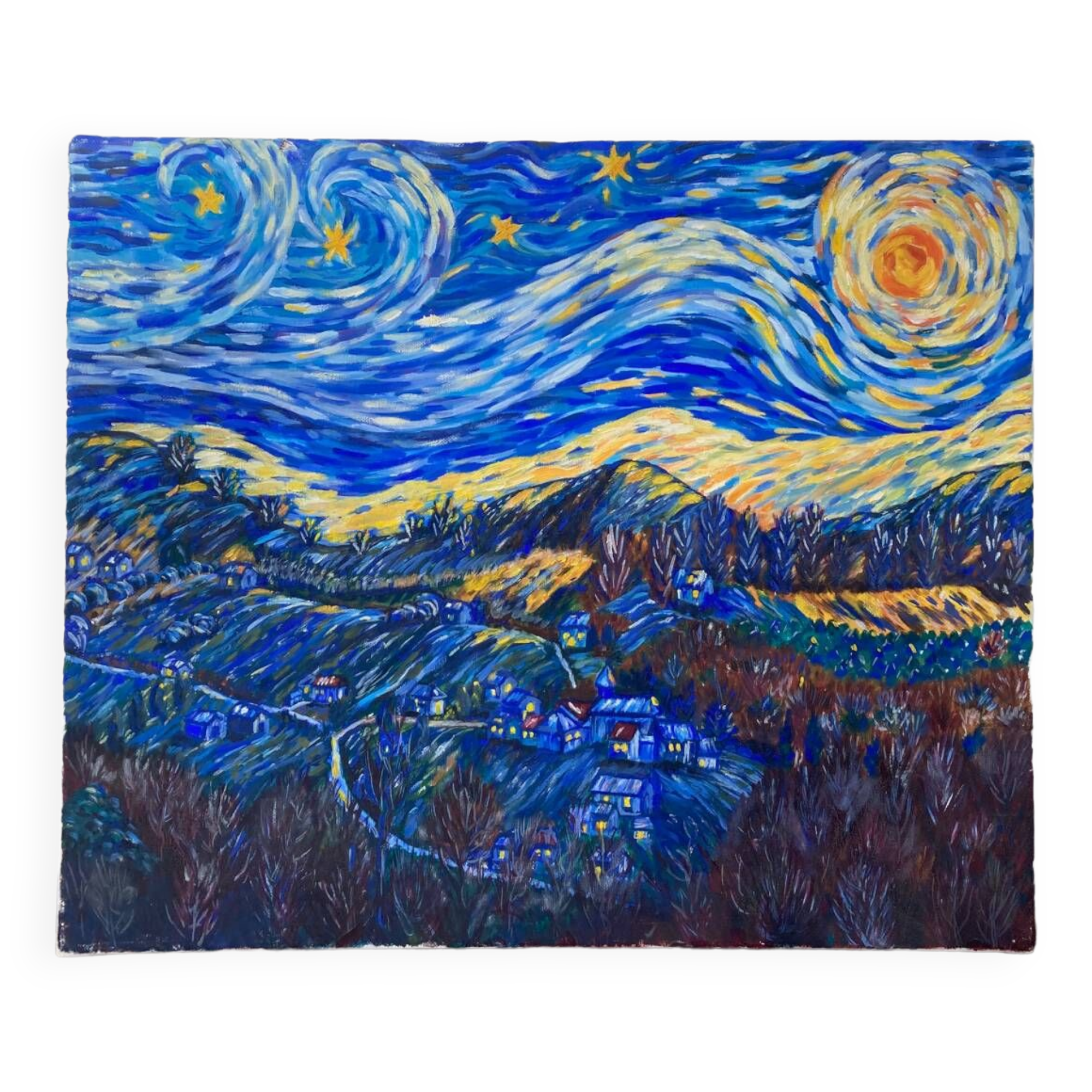 Starry night landscape painting oil on canvas