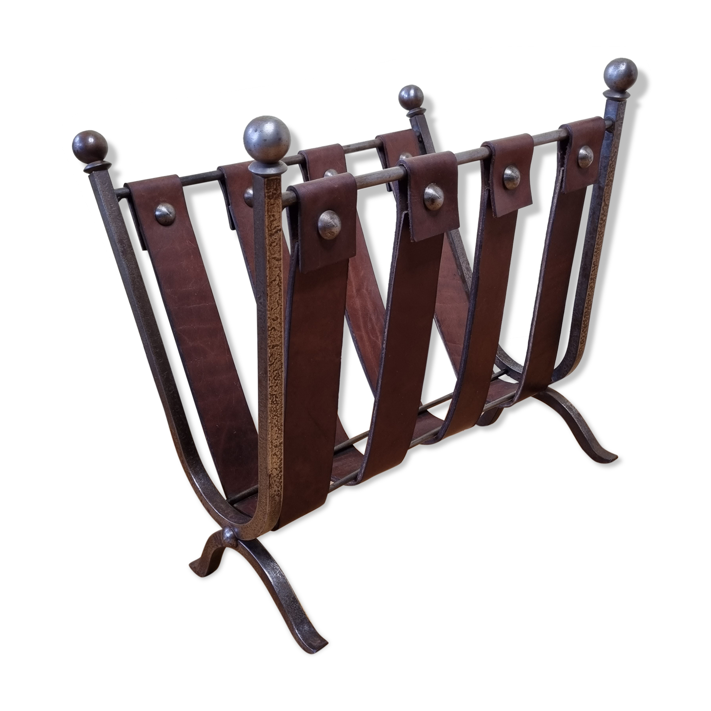 Magazine door in leather and forged metal, brutalist, 50s