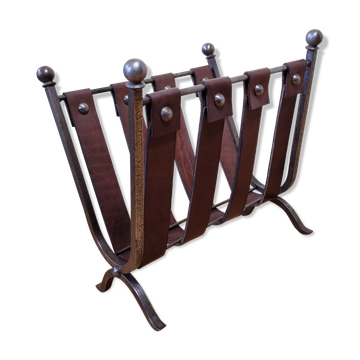 Porte revues en cuir et métal forgé, brutaliste, années 50