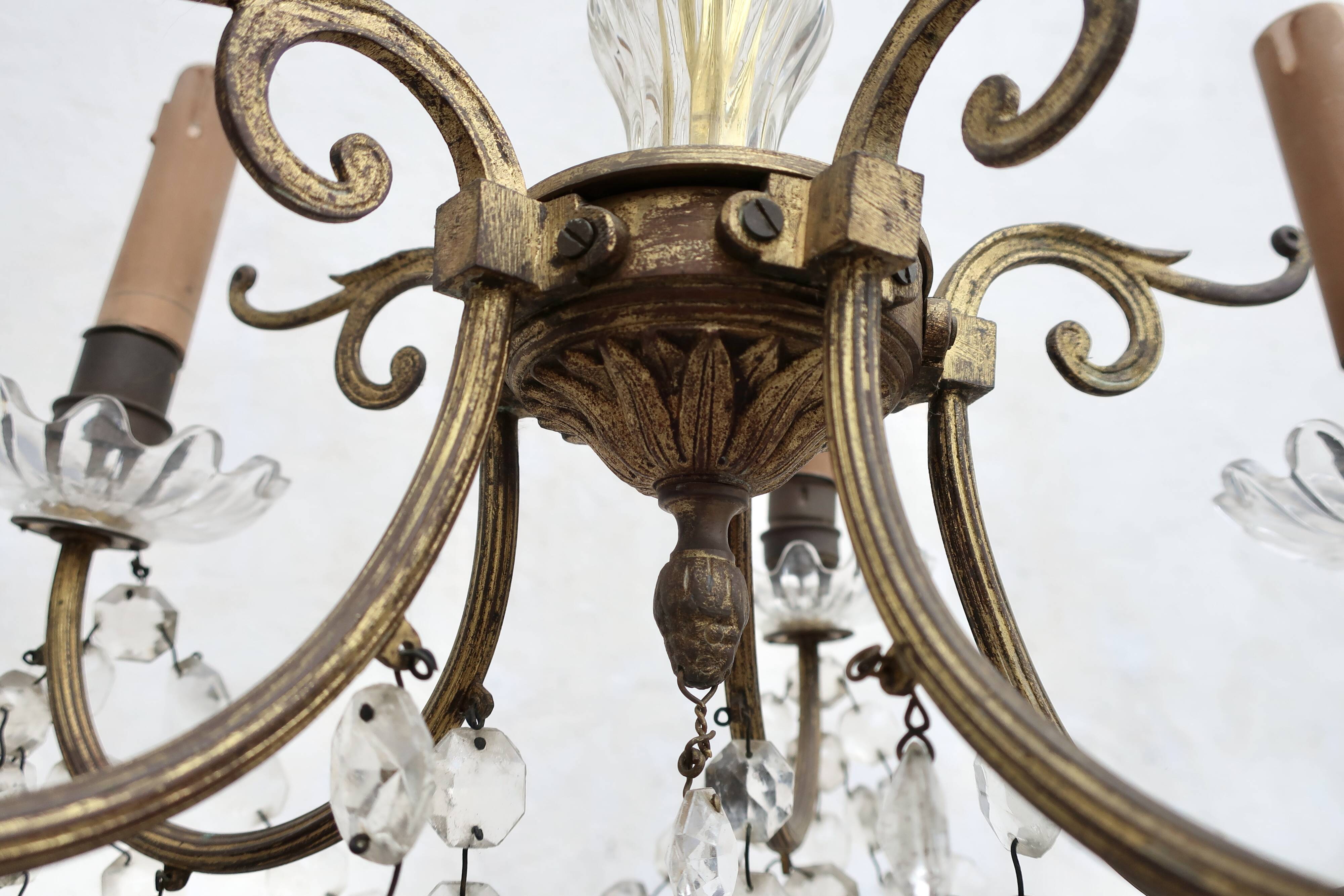 Bronze chandelier with crystal pendants circa 1950, 5 lights, H = 81 cm