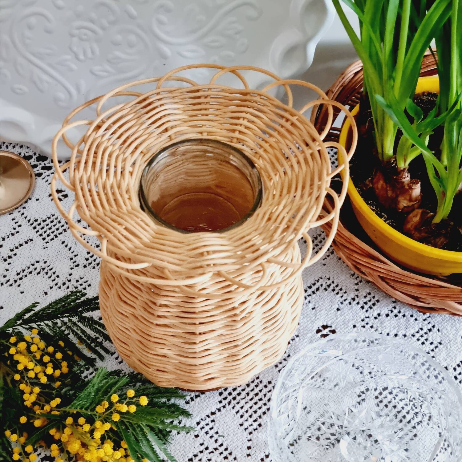 Flower-shaped wicker and glass vase