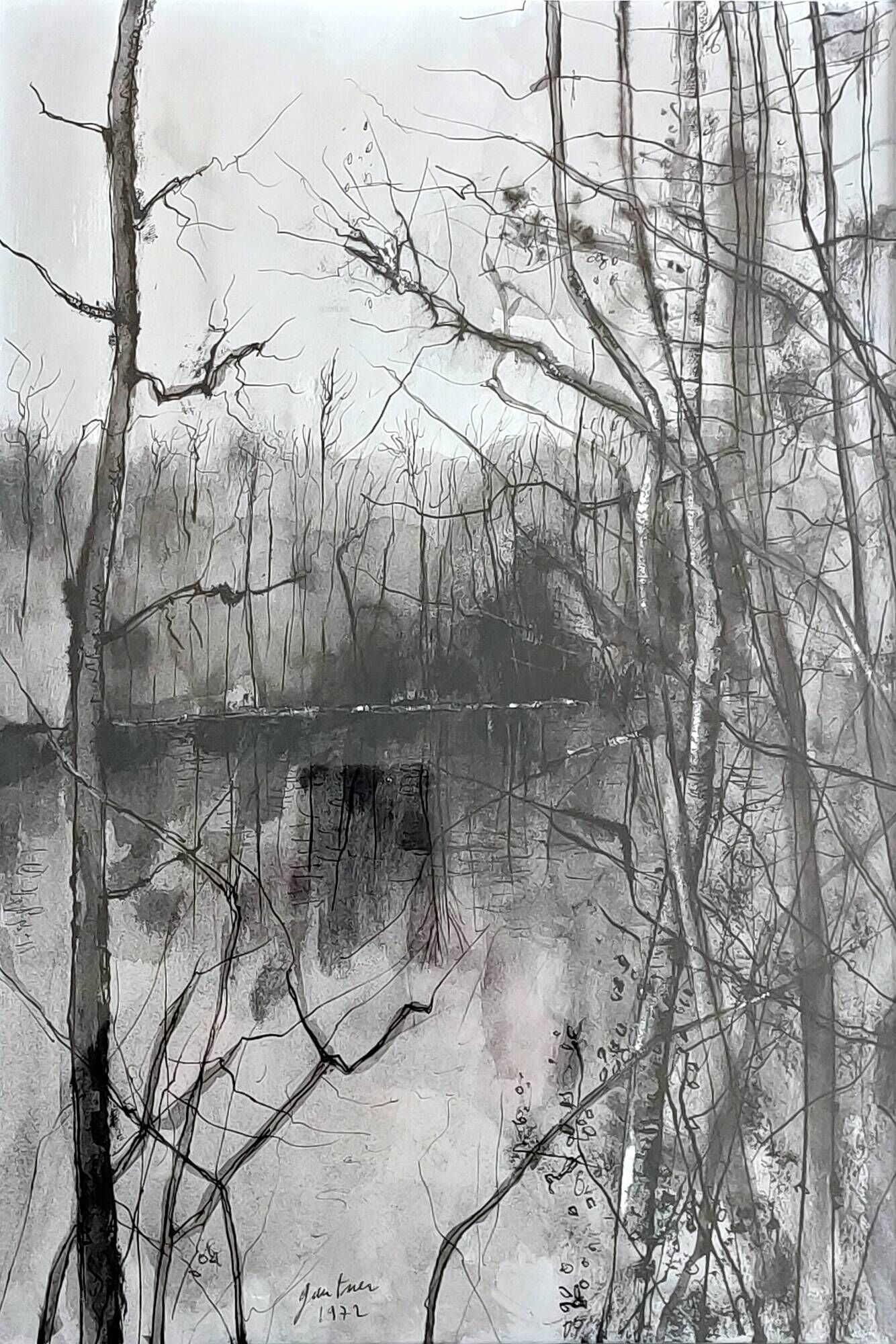Painting signed gantner (bernard, 1928-2018) – watercolored chinese ink, lake landscape