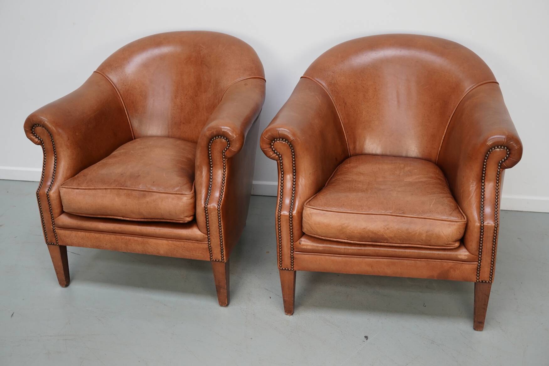 Vintage Dutch Leather Club Chairs in Cognac, Set of 2