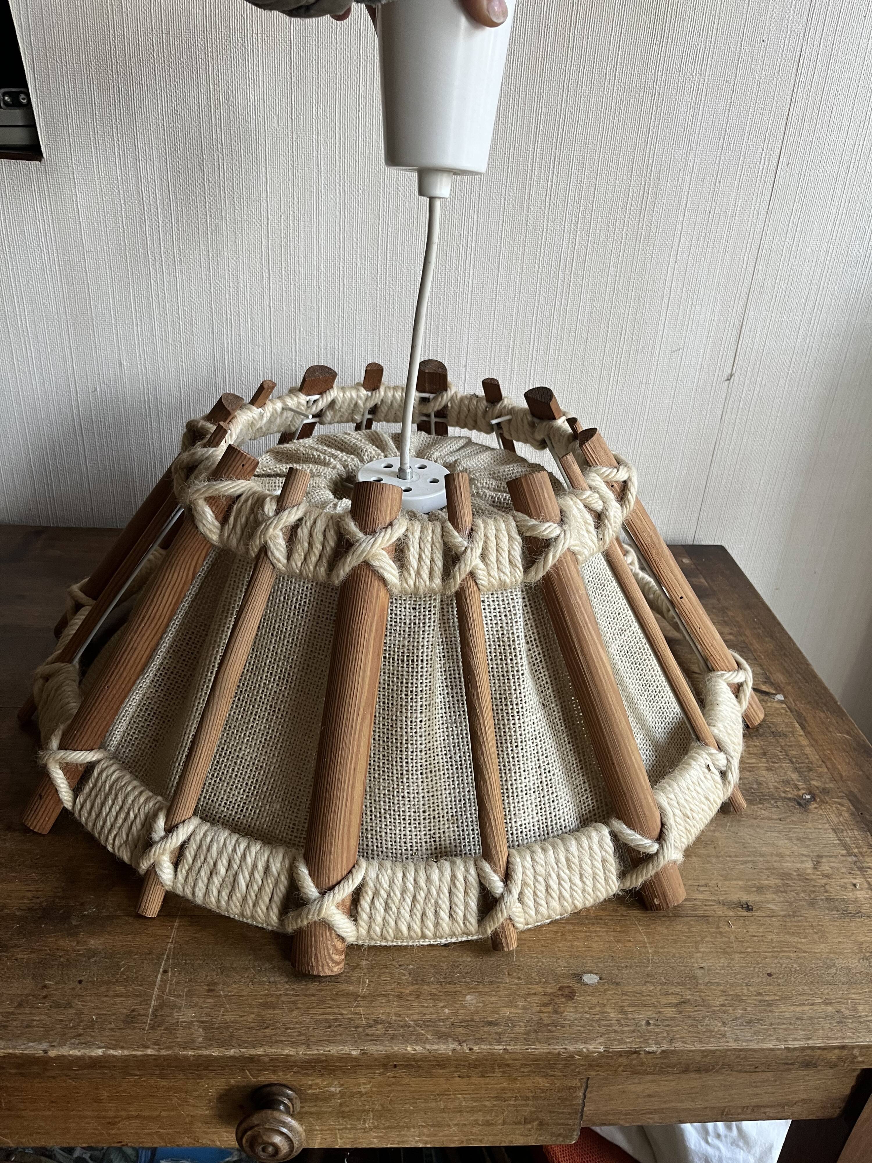 Large Scandinavian pendant light, natural wood, jute, wool, 70s
