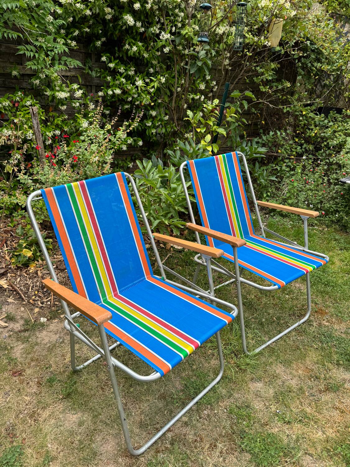 Pair of vintage nylon canvas folding garden armchairs