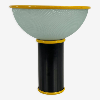 Postmodern table lamp yellow and black in metal and glass 1980