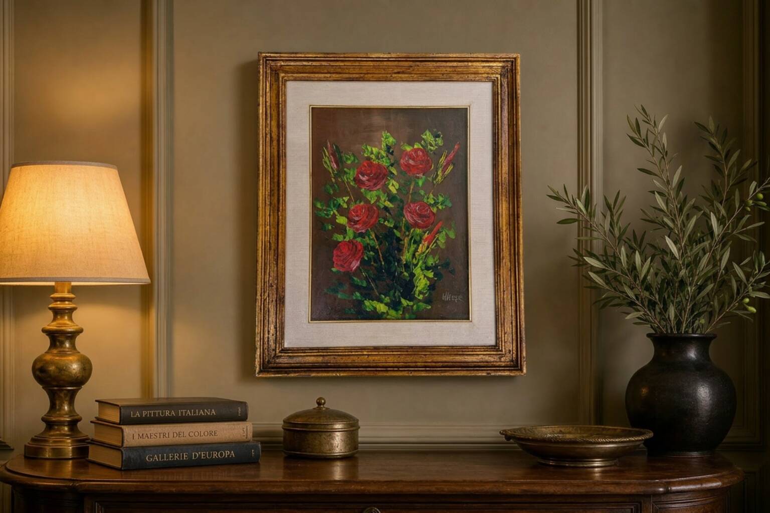 Dipinto "Rose Rosse" – Firmato WALTER – Elegante Cornice Dorata