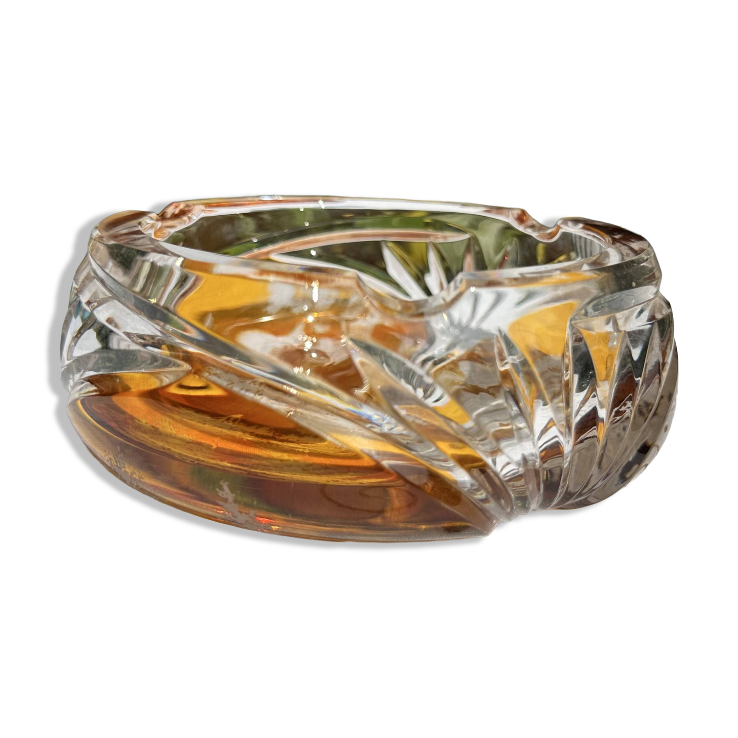 Magnificent Vintage Bohemian Ashtray in Cut Crystal of Yellow Orange