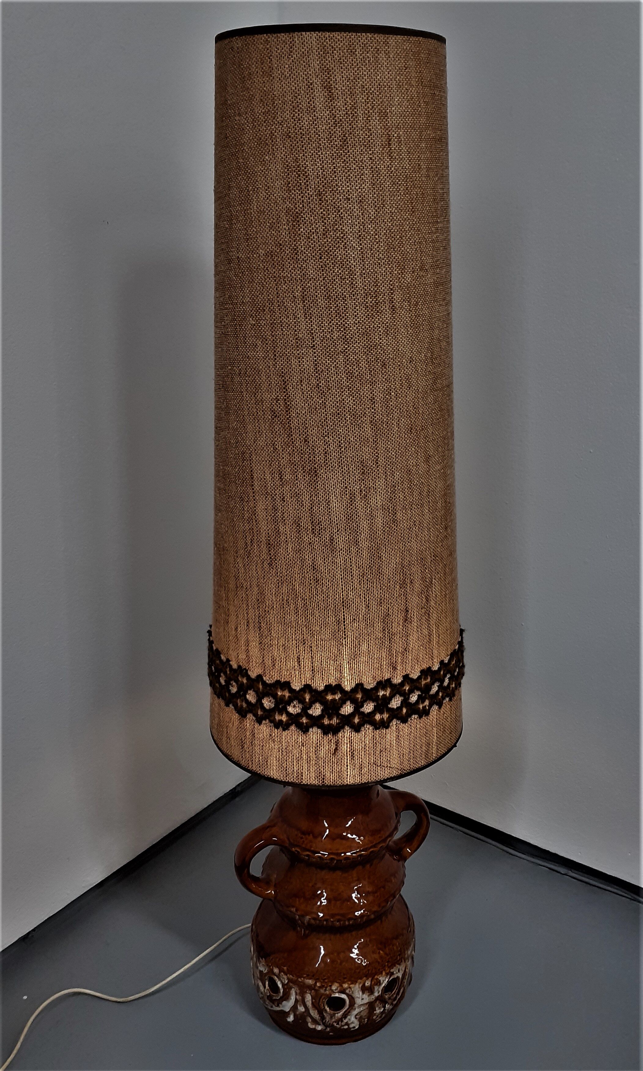 70s floor lamp with open ceramic foot and period lampshade