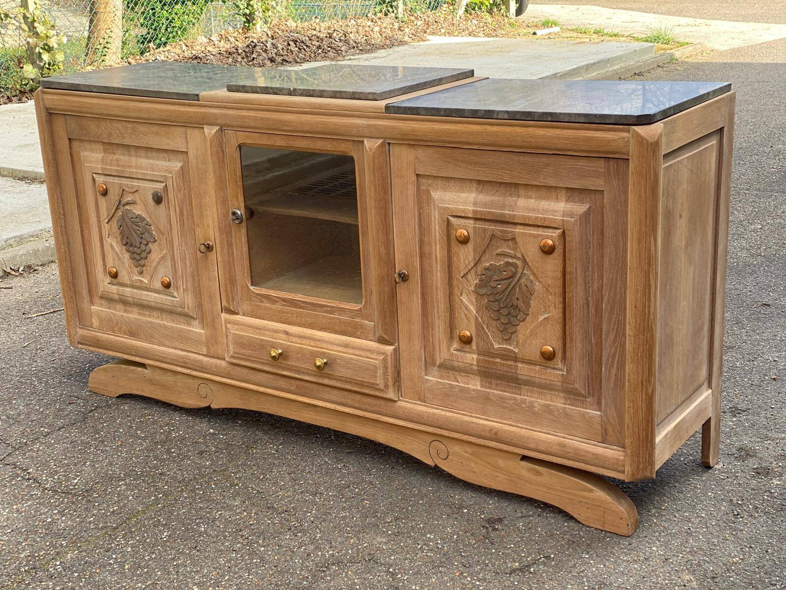 Renovated art deco sideboard in solid raw oak and gray marble 186cm