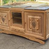 Renovated art deco sideboard in solid raw oak and gray marble 186cm