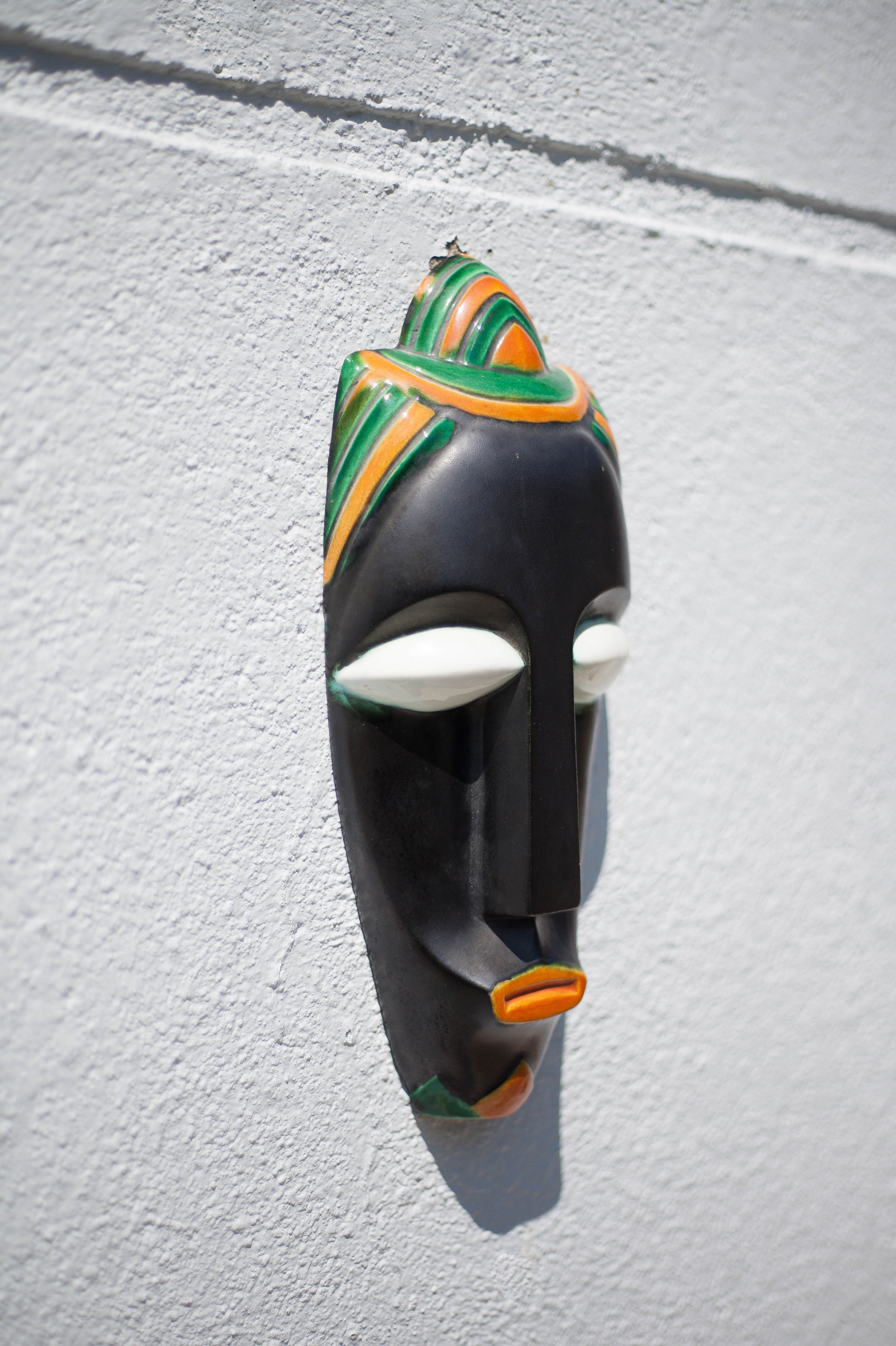 African polychrome faience mask from the Claude Tabet workshop, wall decoration, 50/60's