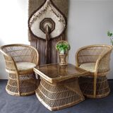 Ensemble vintage de chaises de paon en osier et table des années 60