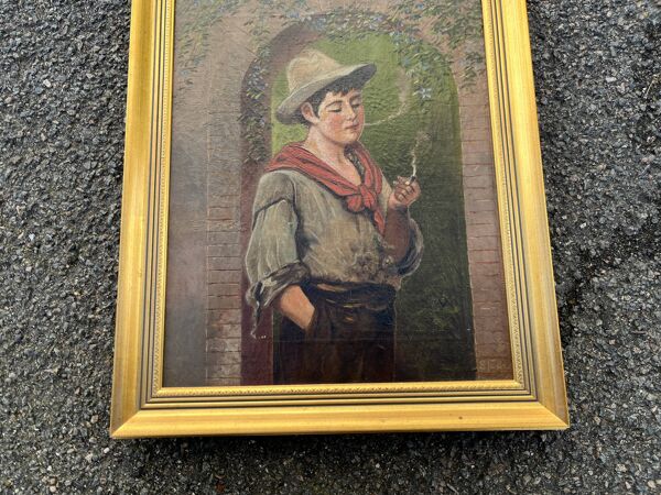 Tableau ancien - Huile sur toile ''Le jeune fumeur'' - Signé - Cadre doré XIX