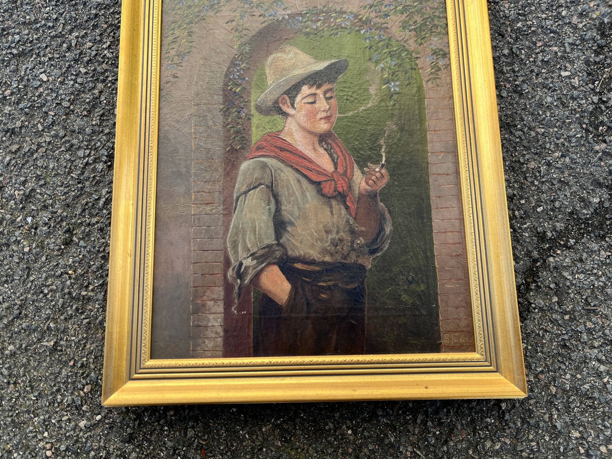 Antique painting - Oil on canvas "The Young Smoker" - Signed - Gilded frame 19th century