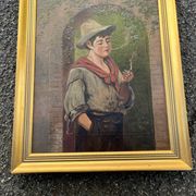 Antique painting - Oil on canvas "The Young Smoker" - Signed - Gilded frame 19th century