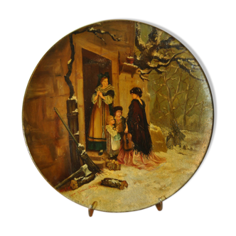 Plat terre cuite alsacienne peinte décoratif 19e siècle