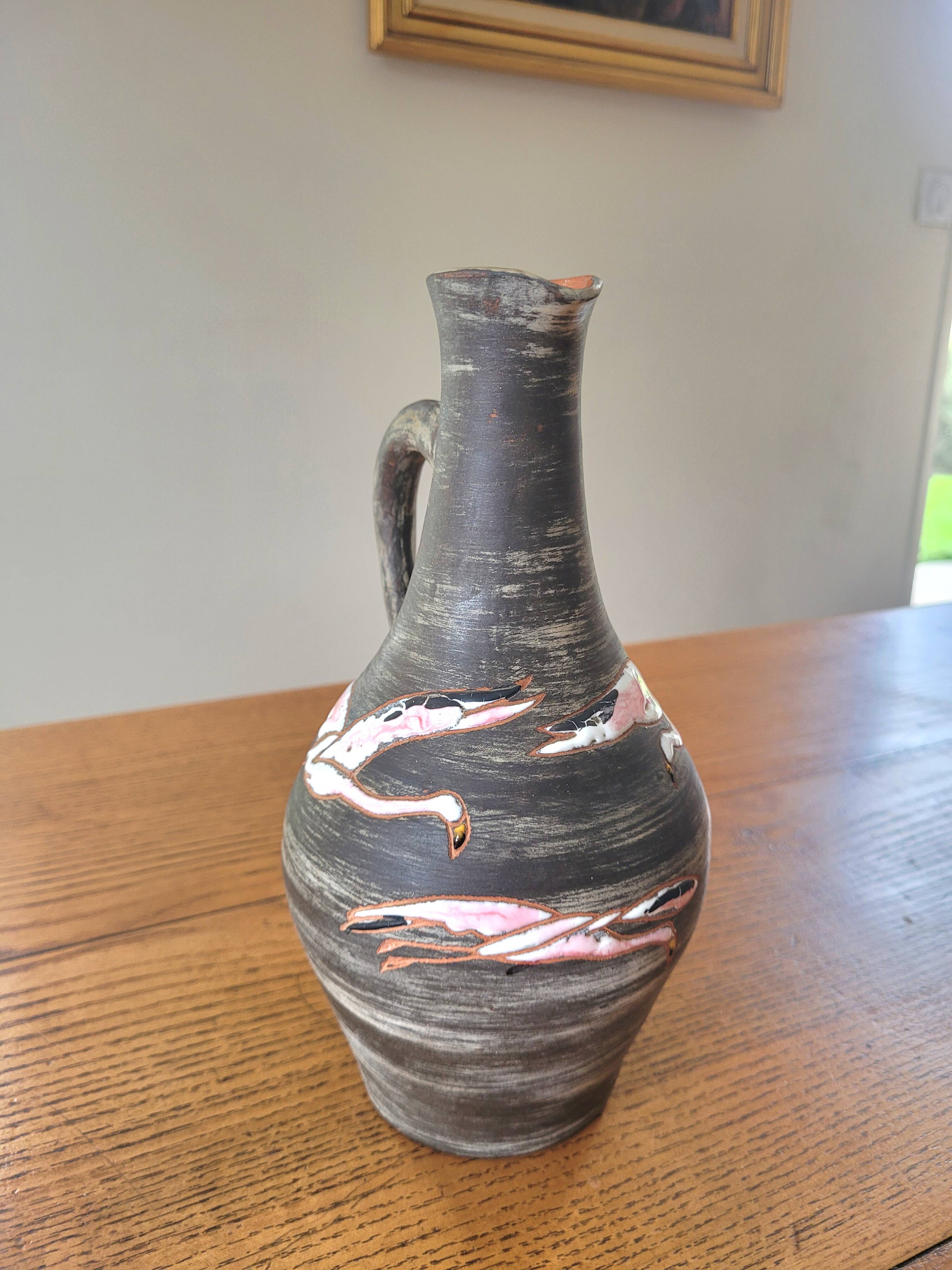 Rare signed ceramic and enameled porcelain pitcher