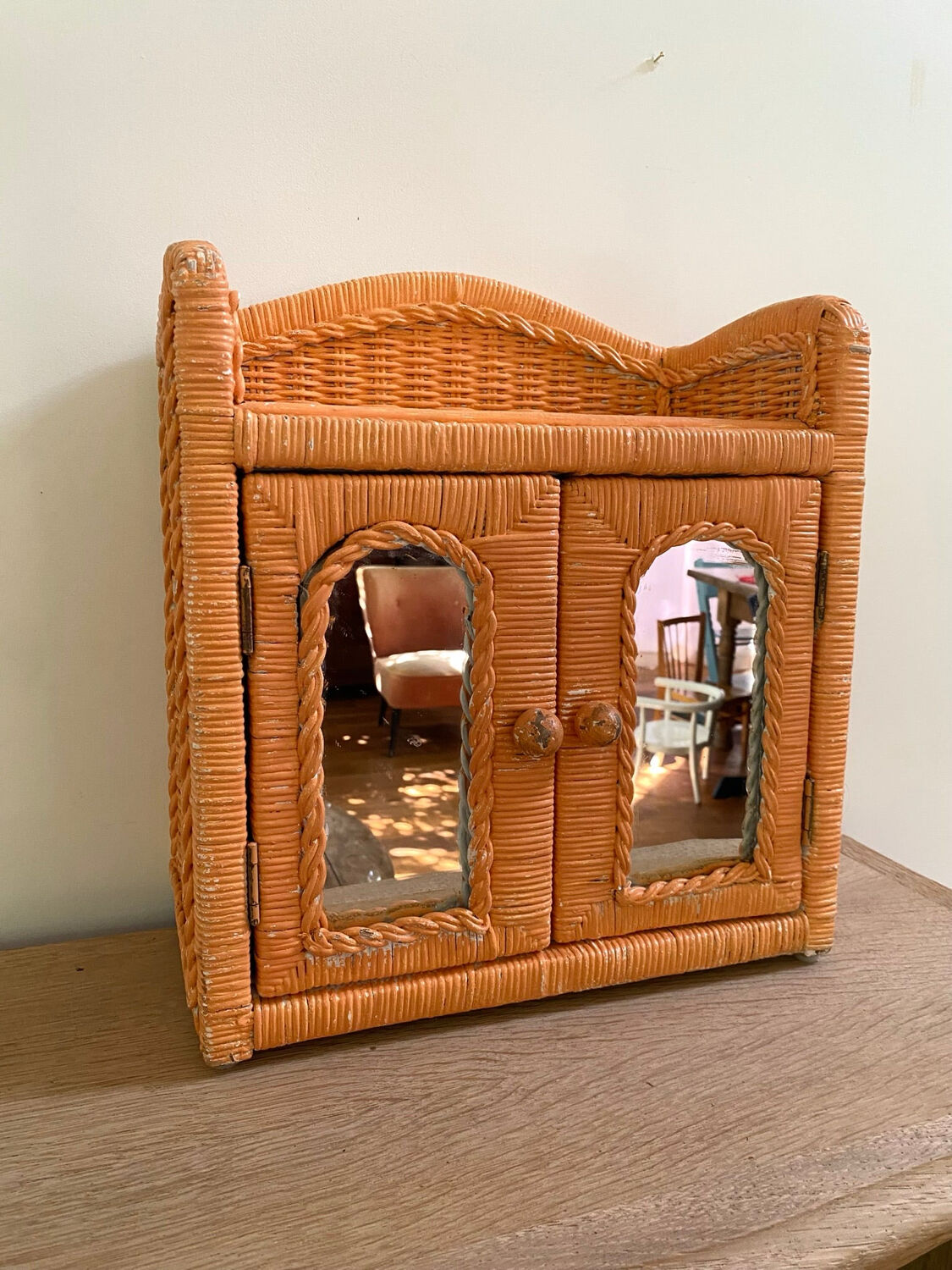 Small vintage rattan wall cabinet