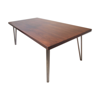 Midcentury danish rosewood dining table on bare steel box pin legs