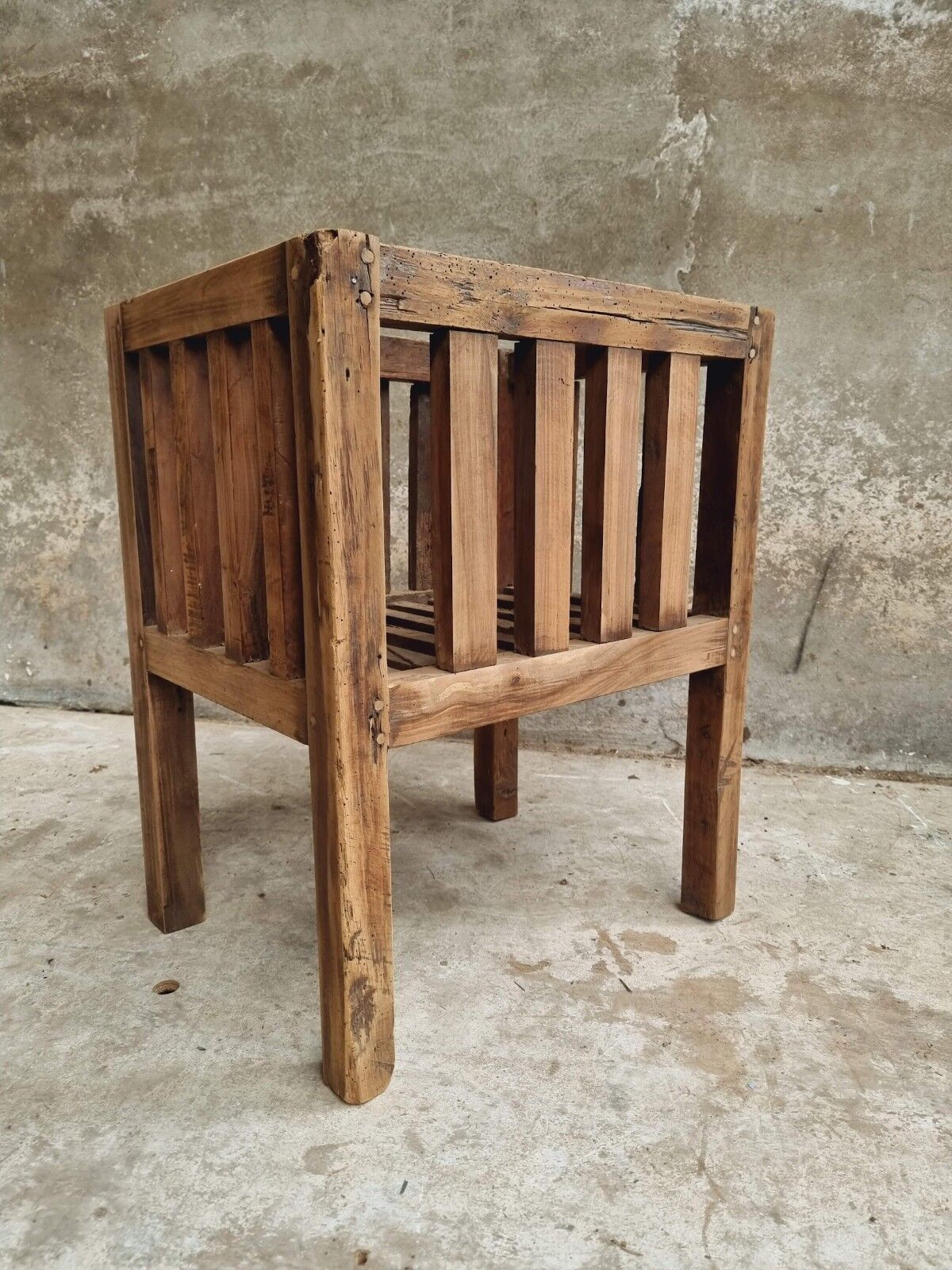 Antique rack storage basket walnut wood storage or toy bin