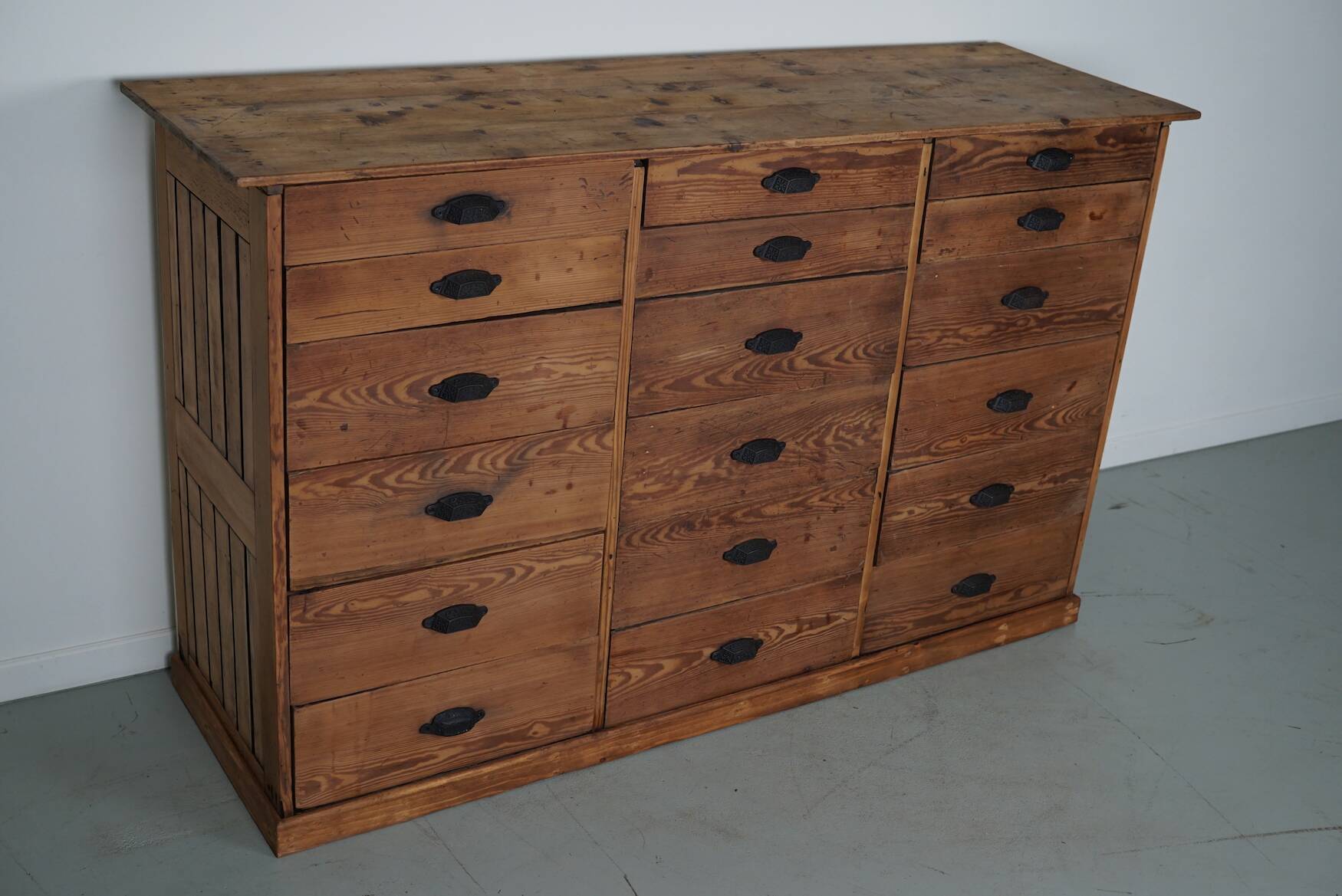 Antique Rustic German Pine Apothecary Cabinet / Bank of Drawers, 1900s