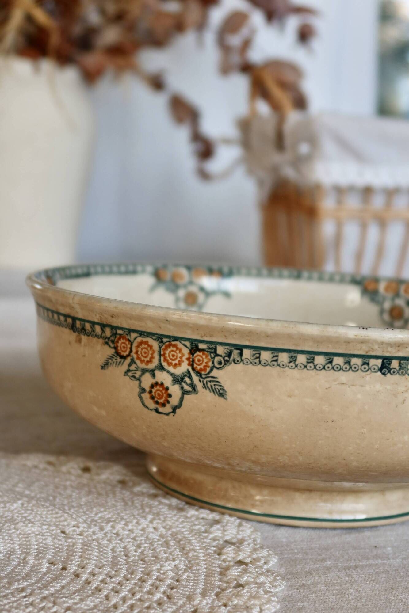 Antique ironstone salad bowl - Patina - Green and orange floral decoration